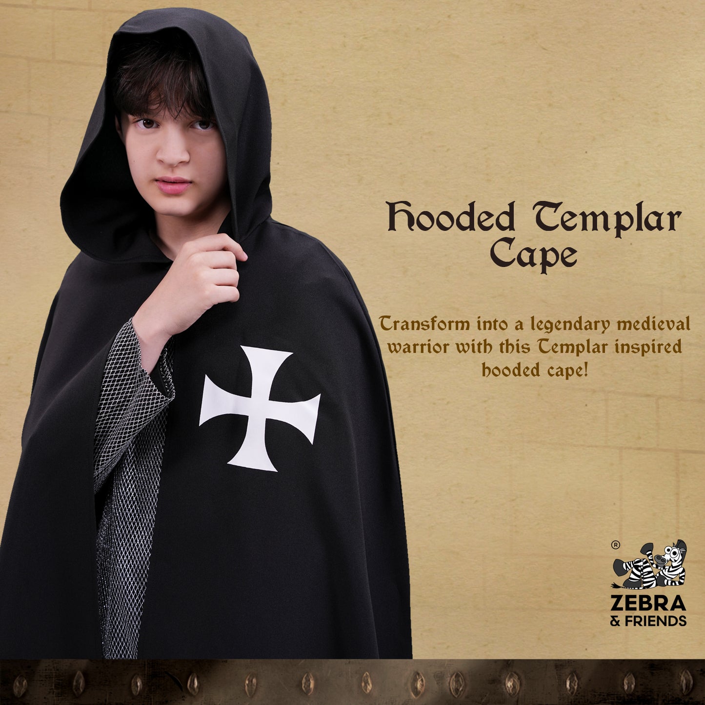 1818 Hooded Templar cape Black/White - Medieval collection